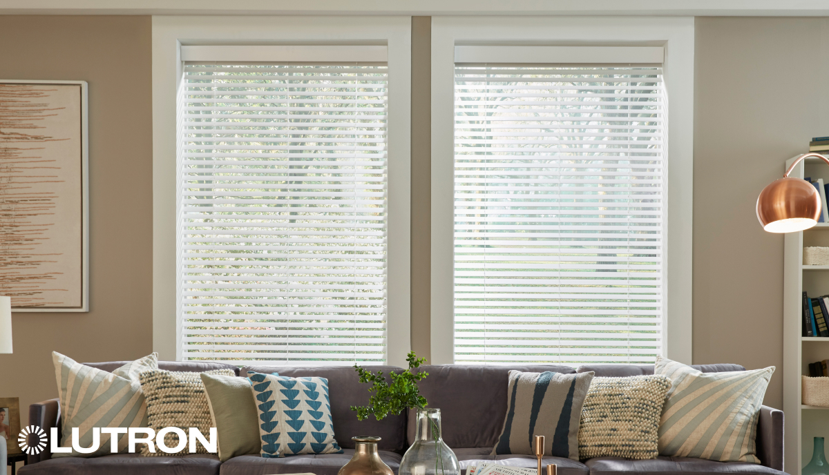 Living Room Motorized Blinds - White Tilt Control